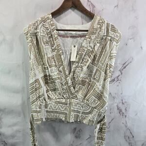 Anthropologie Top Womens Large Beige White Tank Crop Tie V Cream Tan Faux Wrap